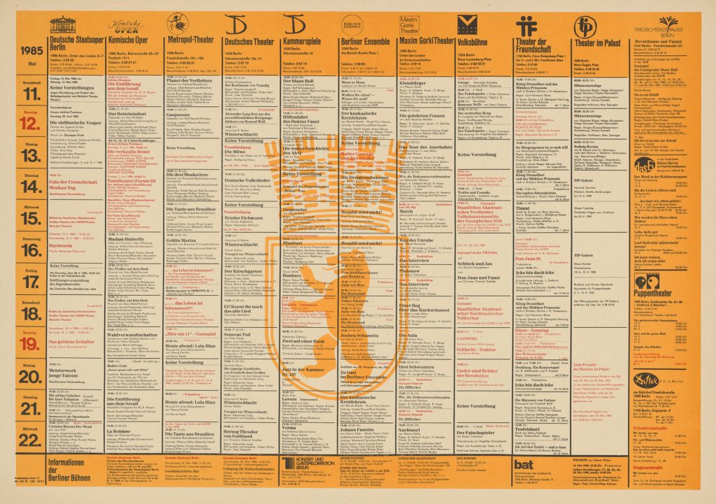 Plakat, Information der Berliner Bühnen (Ost) vom 11.05.-22.05.1985, LAB, F Rep. 260-02 Nr. A-0989