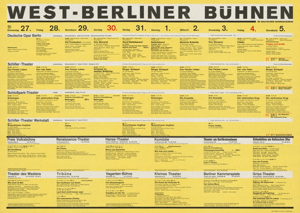 Plakat mit Wochenübersicht der West-Berliner Bühnen vom 27.03. bis zum 06.04.1980.